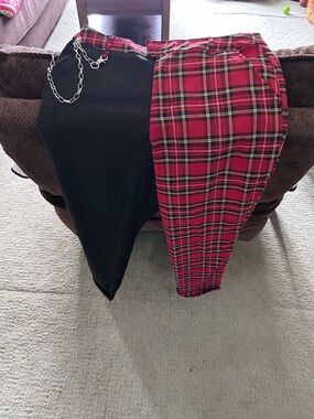 Hot Topic Black & Red Plaid Asymmetric pants  with Chain Detail
